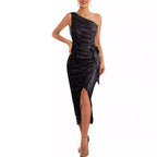 Women's Asymmetrical Evening Dress with Sequins and High Slit