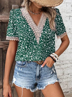 Women's V-Neck Blouse with Delicate Lace Accents