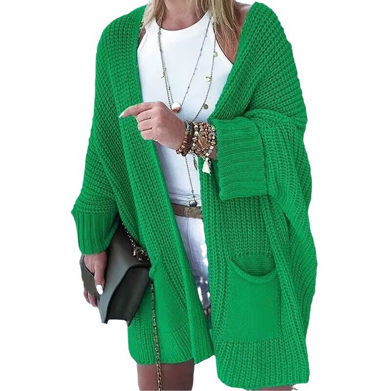Women's Oversized Chunky Knit Cardigan with Wide Shawl Collar and Patch Pockets