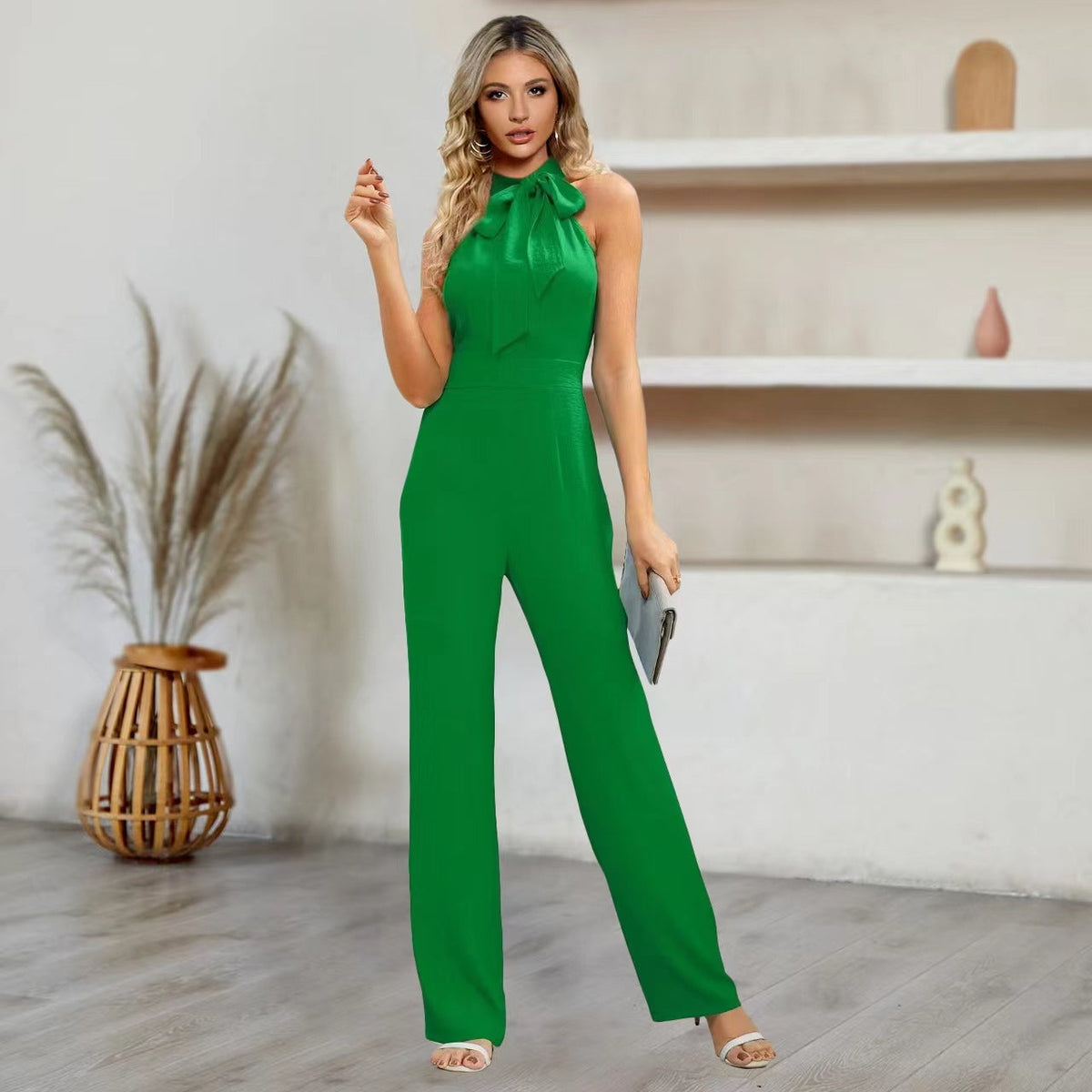 Elegant Women's Halter Neck Jumpsuit with Tie Belt