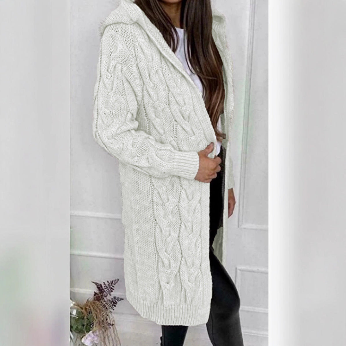 Women's Long Knit Coat with Textured Cable Design and Practical Hood
