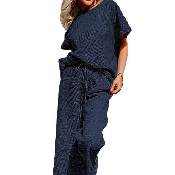 Women's Casual Jumpsuit Set in Soft Material with Elastic Waistband and Wide-Legged Pants
