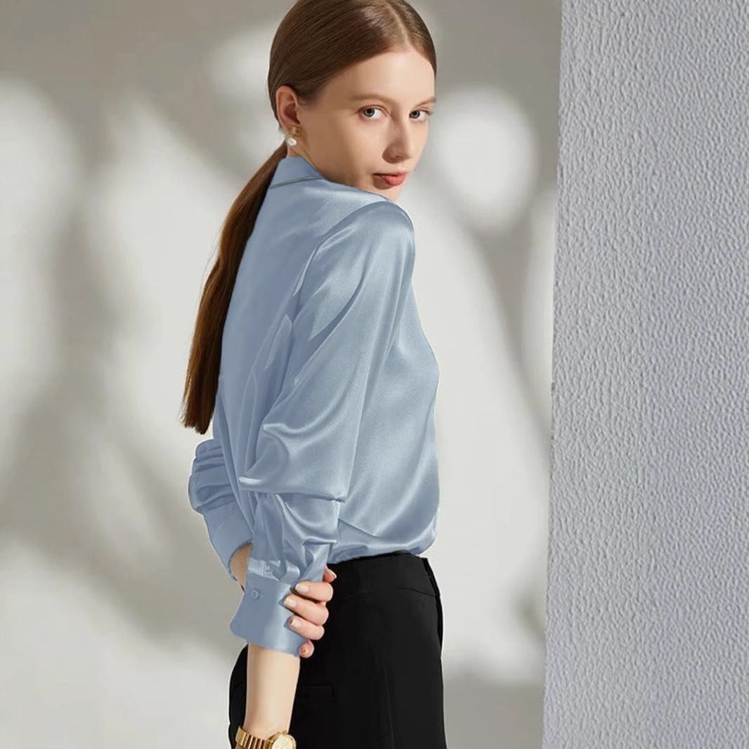 Women's Luxury Satin Blouse with Elegant Collar and Soft Sleeves