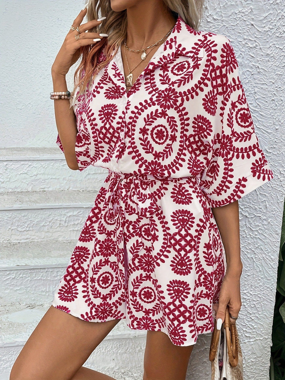 Women's Short-Sleeve Romper with Waist Belt and Floral Print
