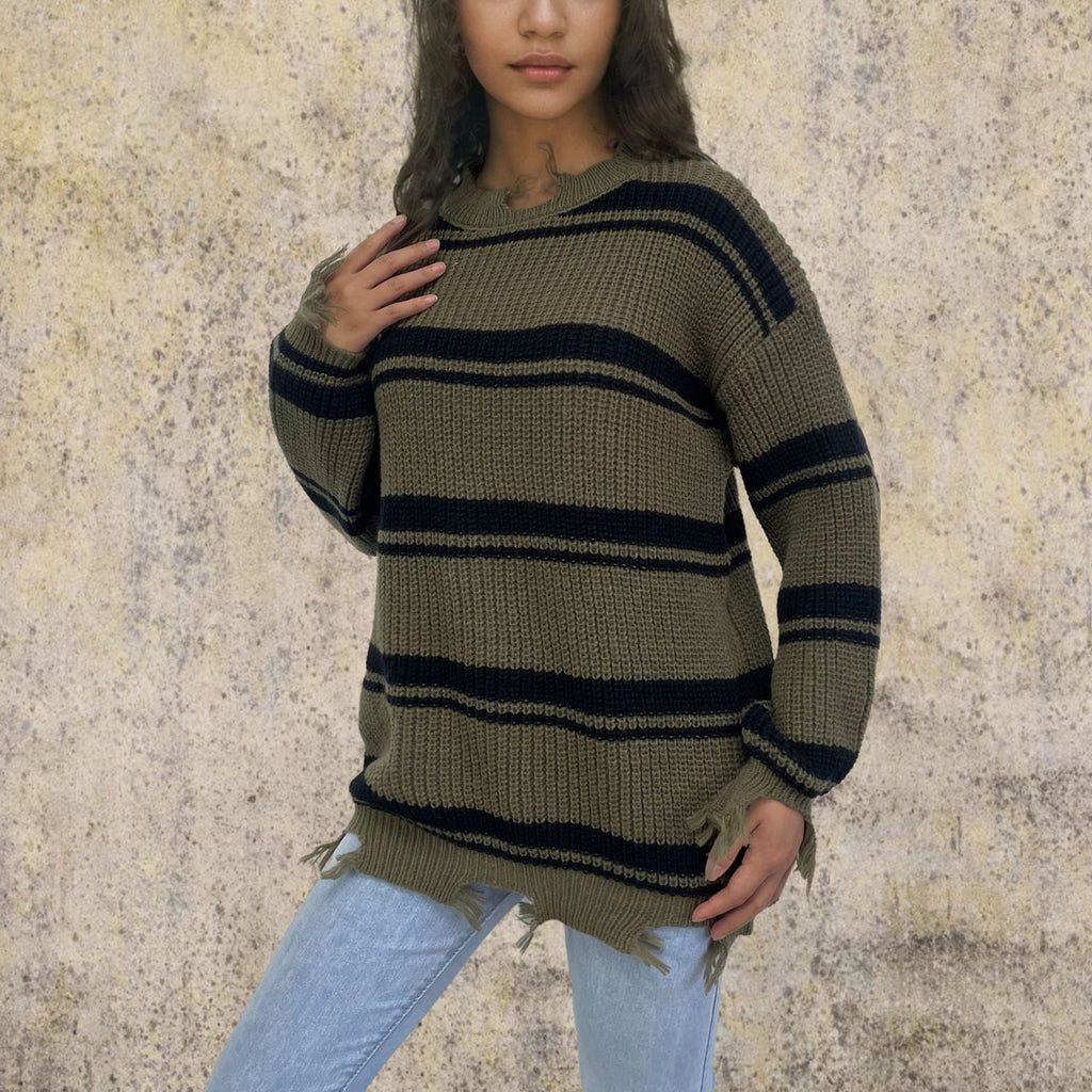 Women's Chunky Knit Oversized Sweater with Fringe and Stripes