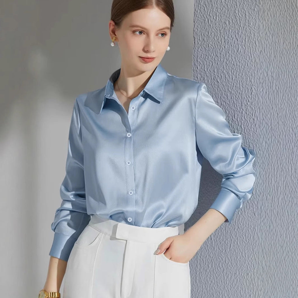 Women's Luxury Satin Blouse with Elegant Collar and Soft Sleeves