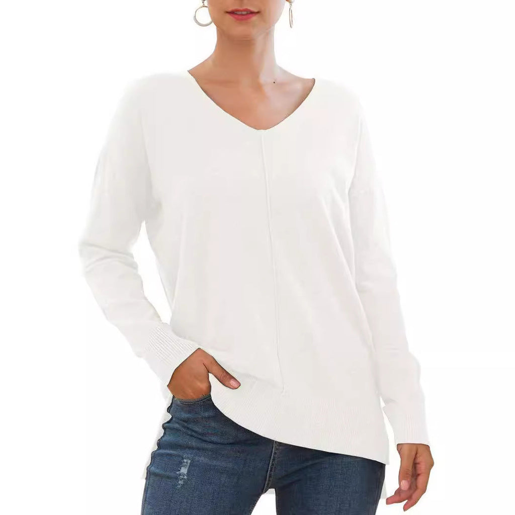 Elegant V-Neck Sweater with Asymmetrical Hem