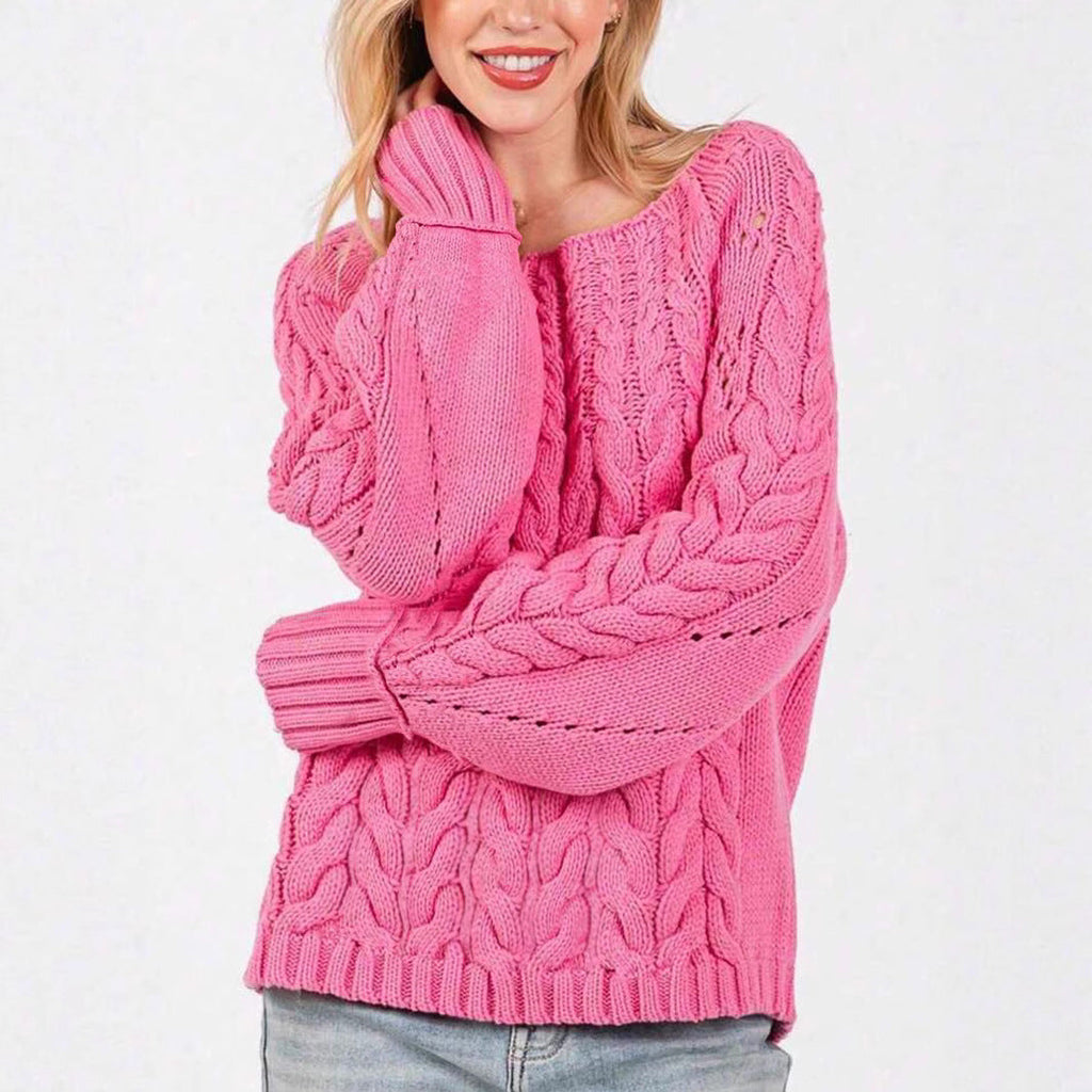Women's Chunky Knit Sweater with Voluminous Sleeves and Fine Openwork