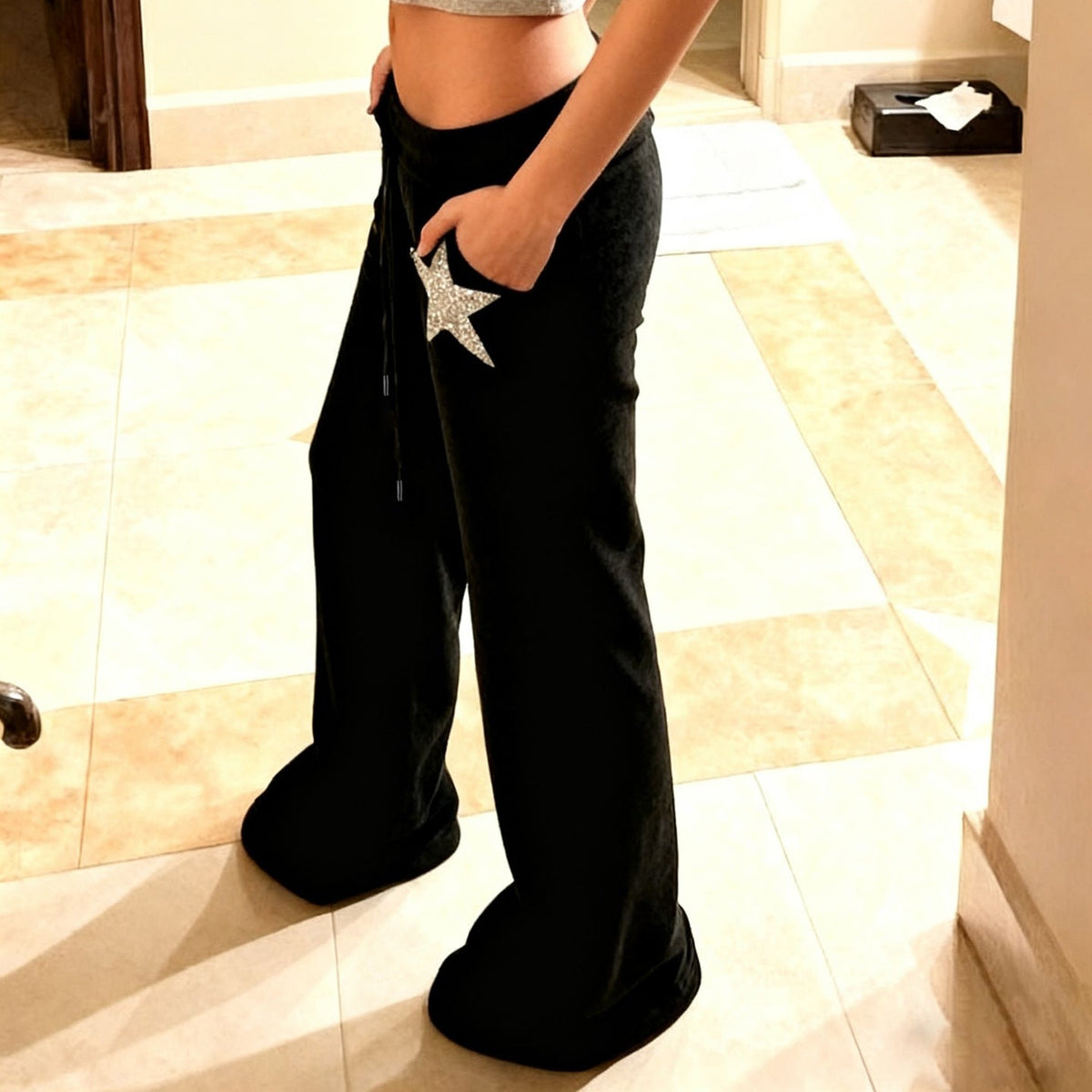Women's Comfortable Velour Wide-Leg Pants with Star Appliqué