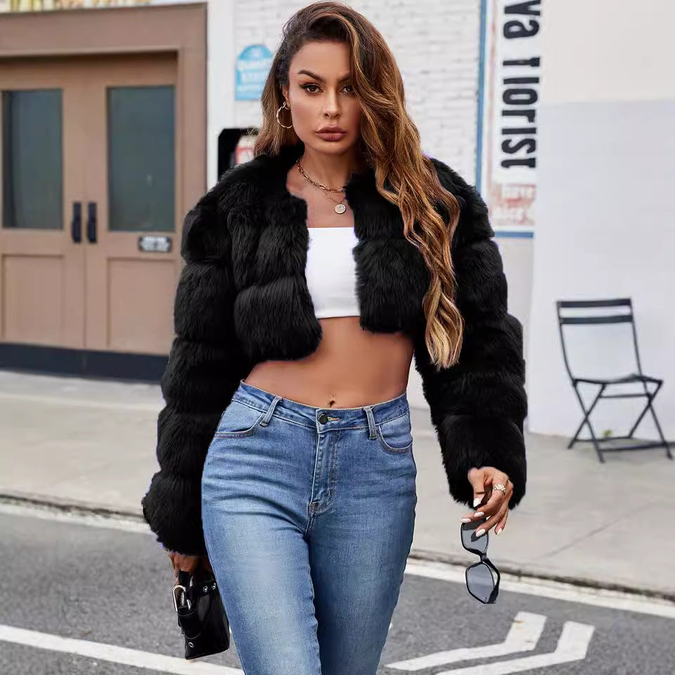 Women's Fluffy Faux Fur Short Coat with Puff Sleeves