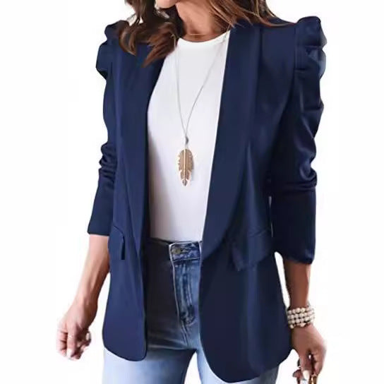 Women's Elegantly Cut Blazer Jacket with Puff Sleeves and Stylish Pockets