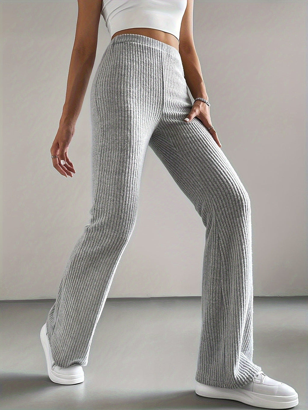 Women's High-Waisted Ribbed Flared Trousers