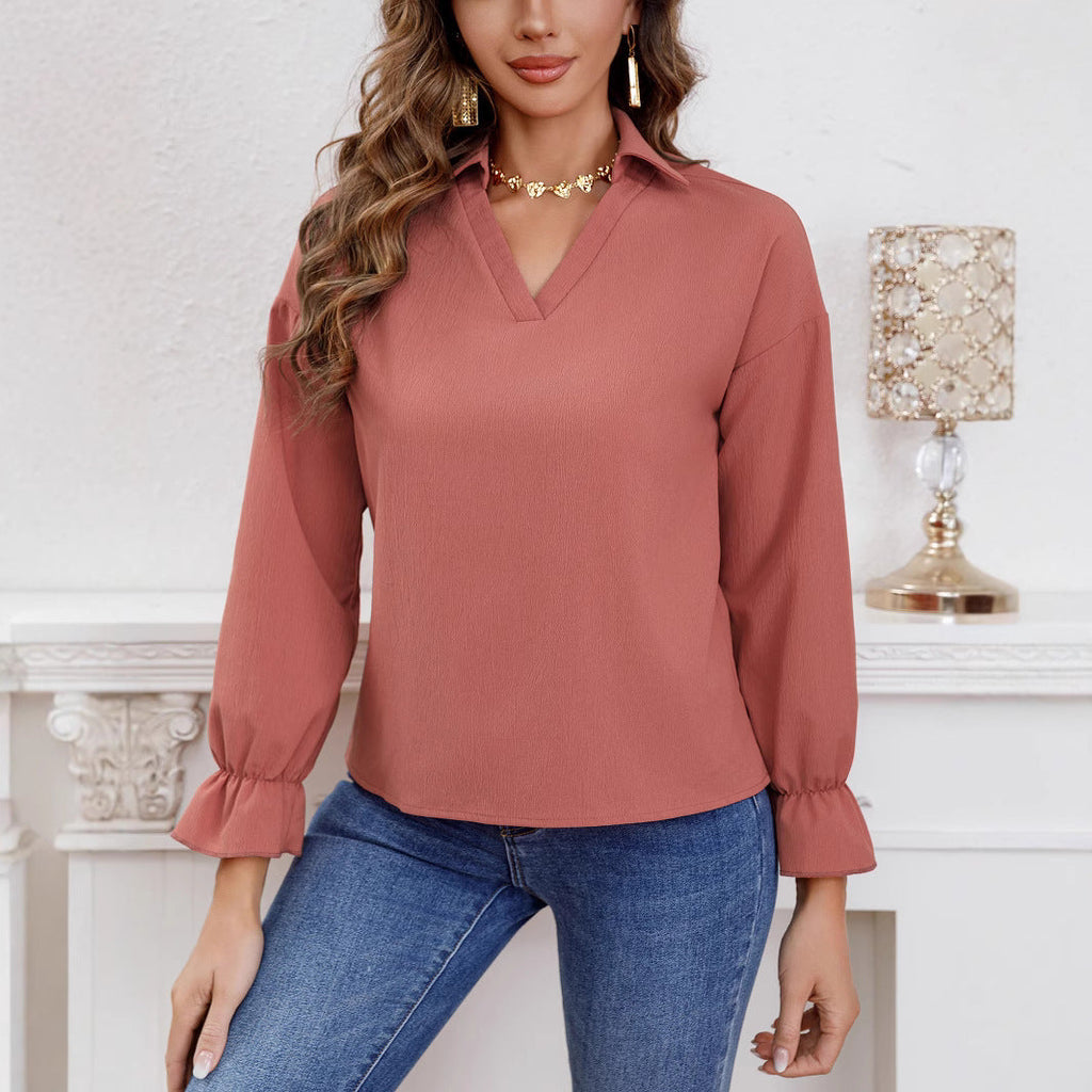 Women's V-Neck Blouse with Ruffle Details
