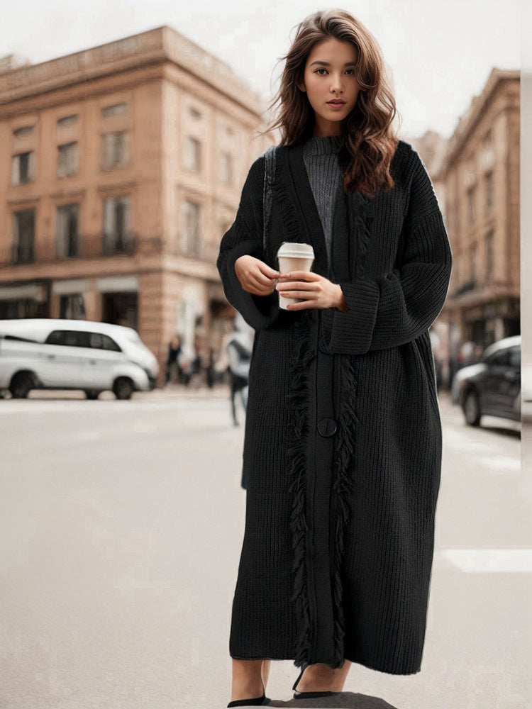 Women's Casual Knit Coat with Fringed Edges and Spacious Pockets