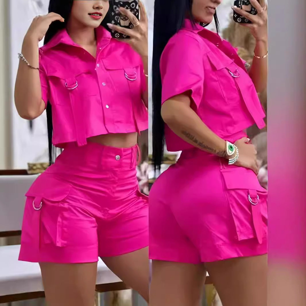Women's Fashionable Two-Piece Set with Cropped Top and Cargo Shorts