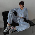 Women's Elegant Velour Lounge Set with Cropped Top and Wide-Leg Pants