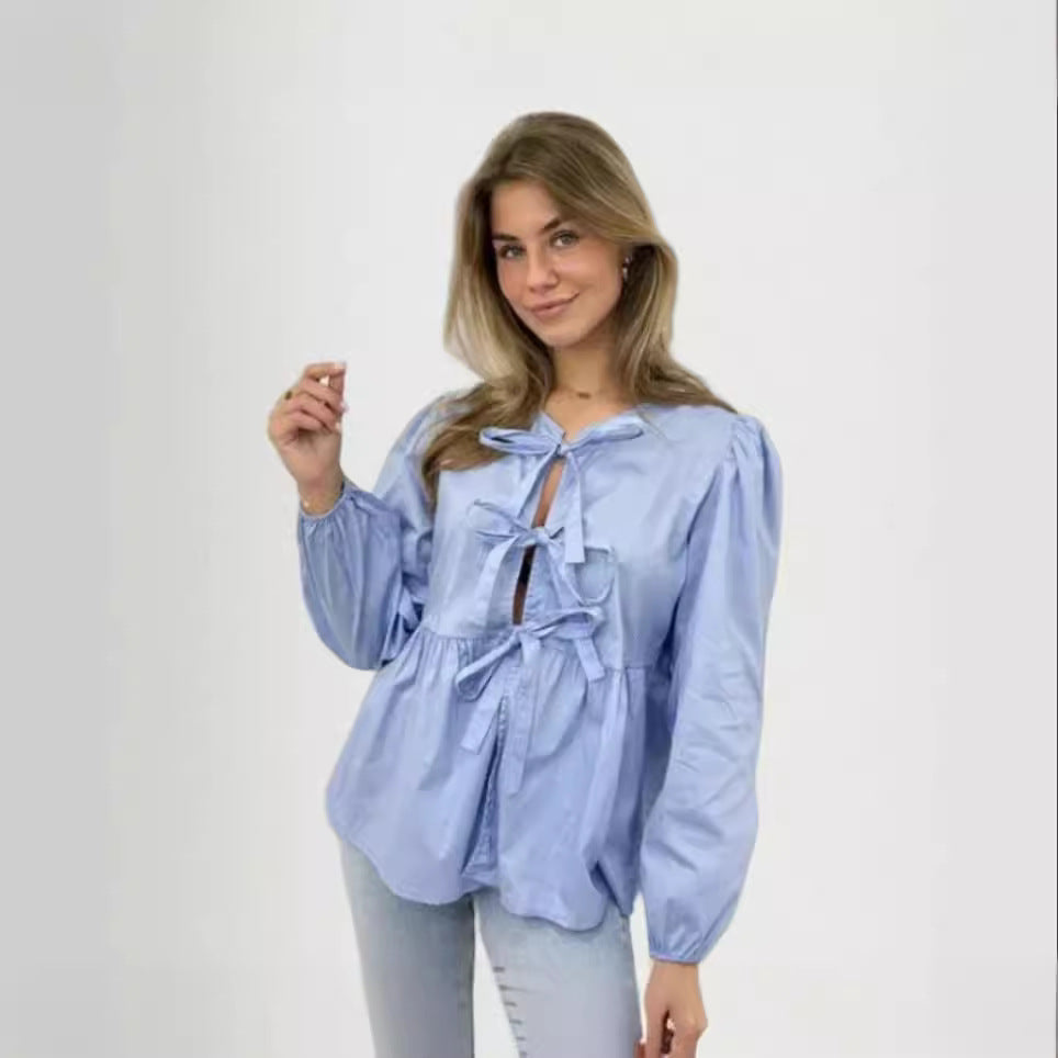 Women's Blouse with Ruffle Sleeves and Tie
