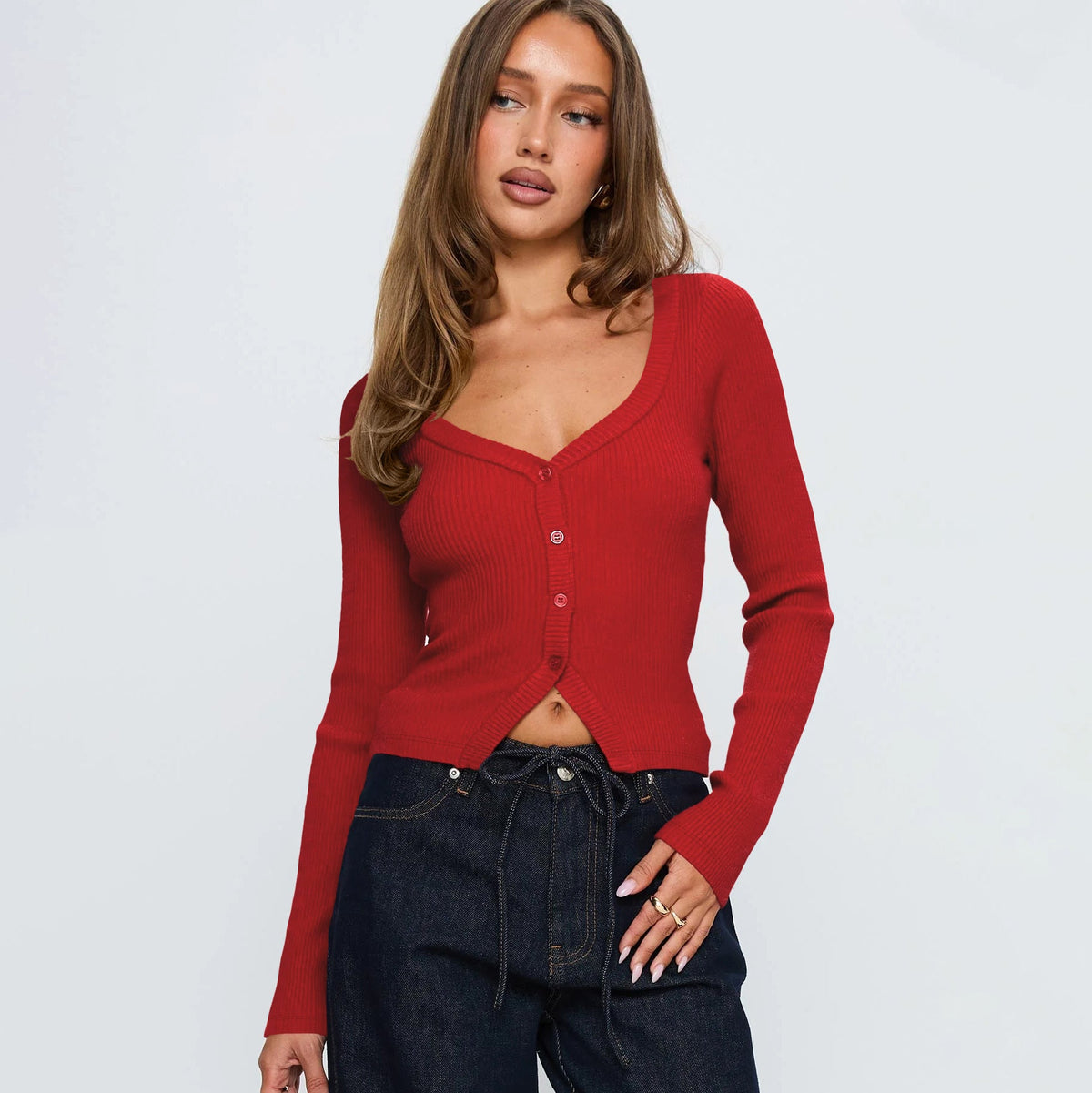 Women's Elegant Ribbed V-Neck Cardigan with Button Placket