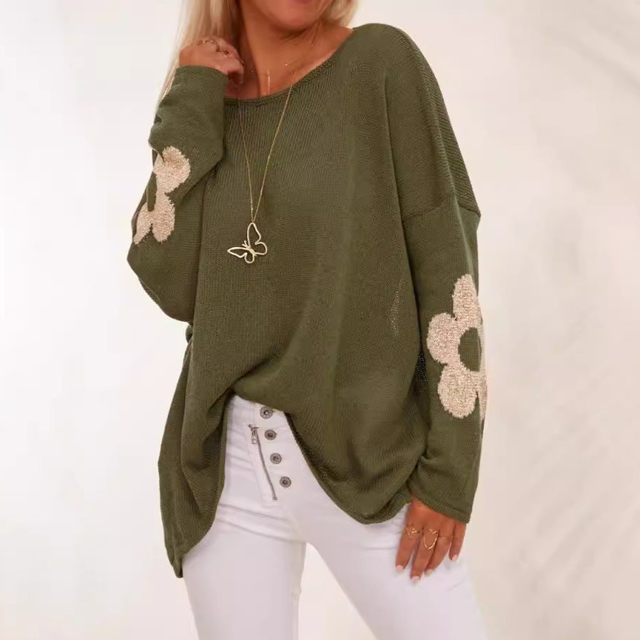 Women's Chunky Knit Sweater with Floral Design and Wide Fit