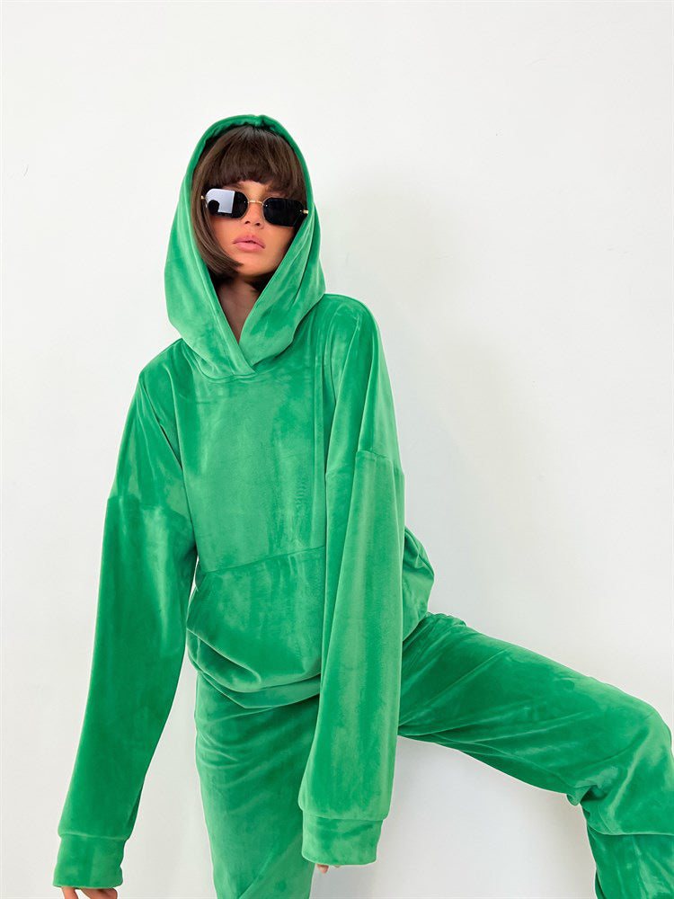 Women's Comfortable Velour Sweat Suit with Hood and Elastic Waistband