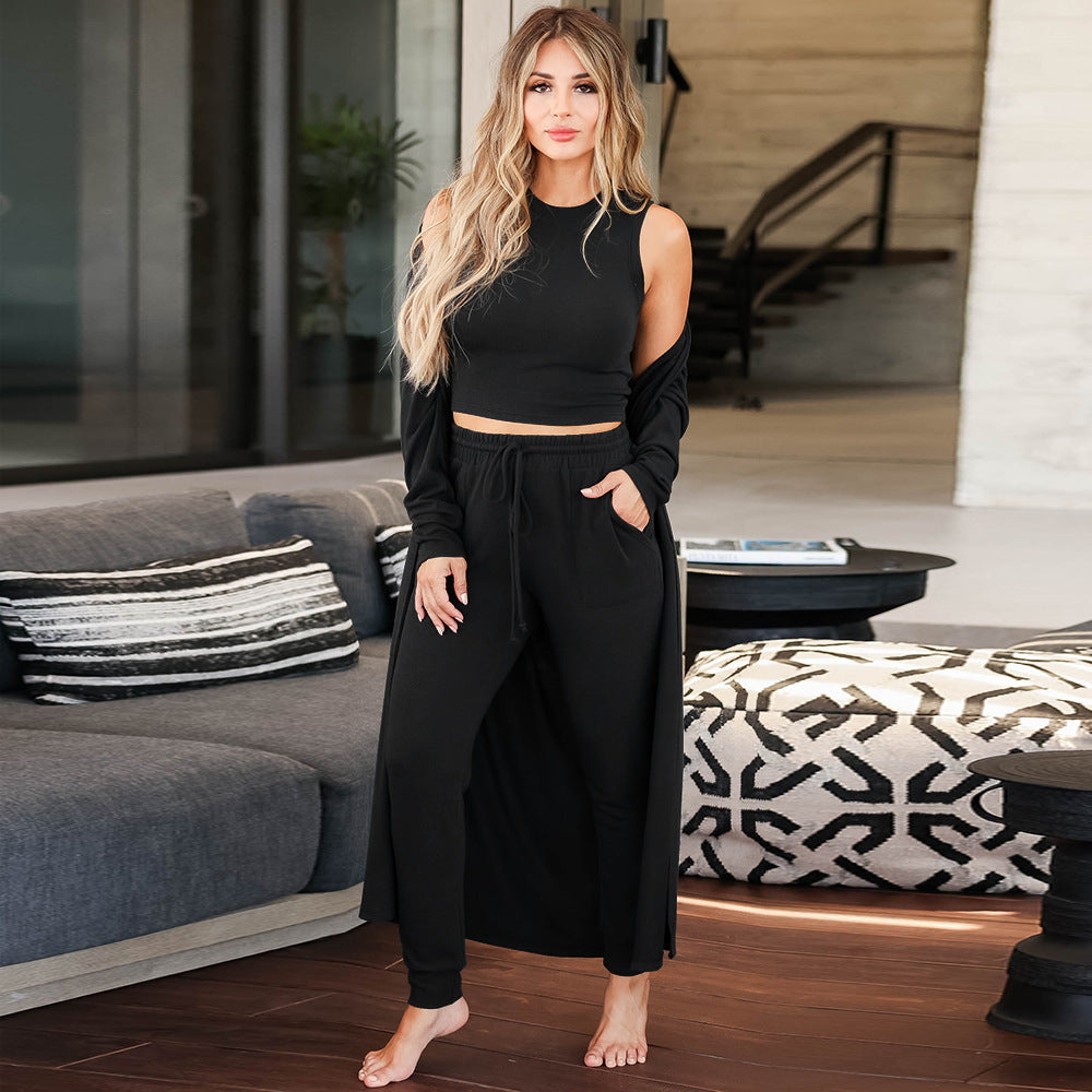 Women's Cozy Lounge Set with Longer Cardigan and Elastic Waistband