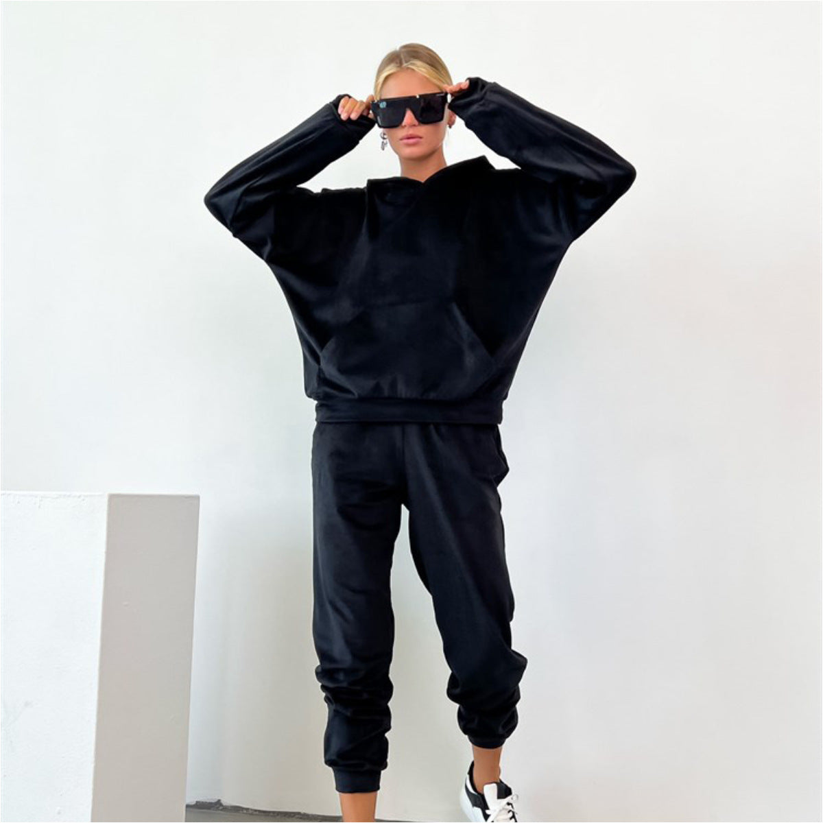 Women's Comfortable Velour Sweat Suit with Hood and Elastic Waistband