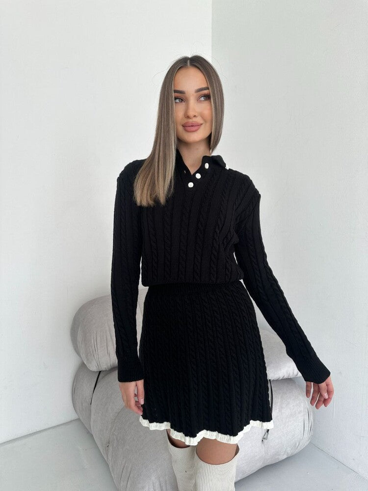 Women's Cable Knit Set with Polo Collar and A-Line Skirt