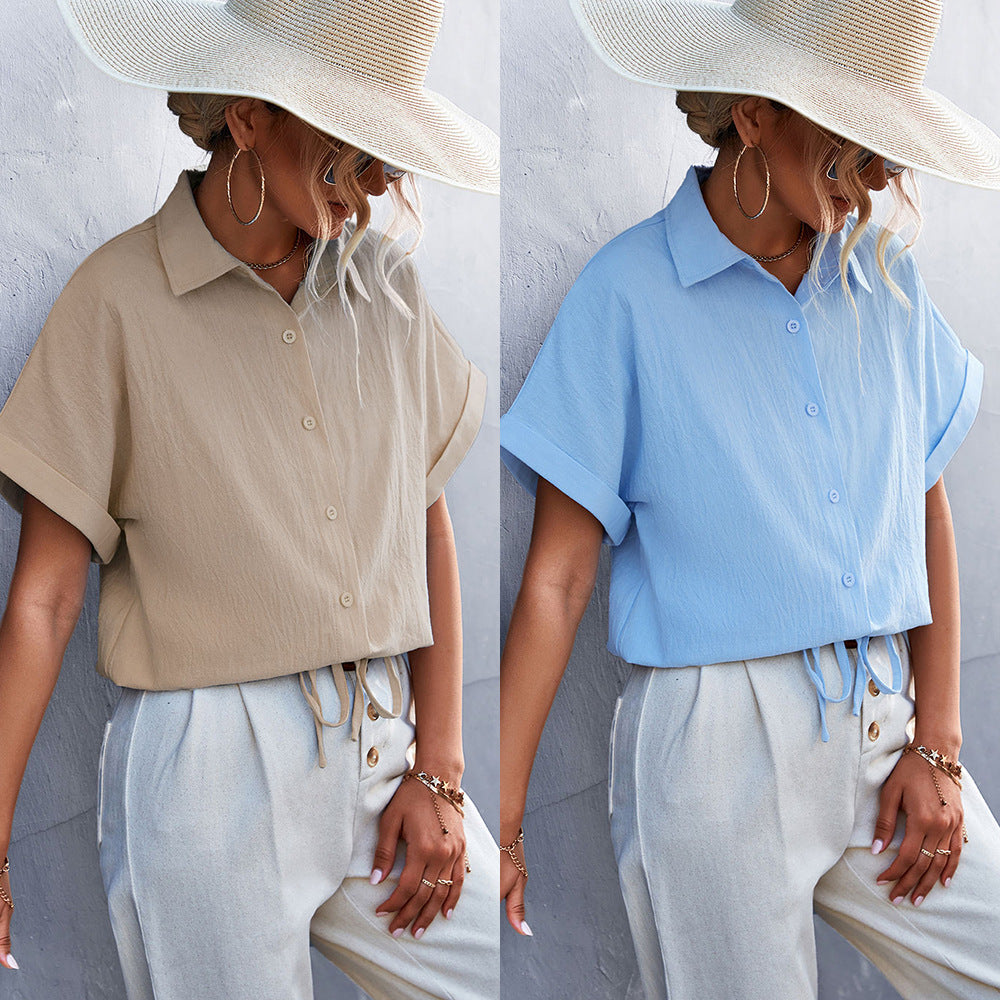 Women's Short-Sleeve Blouse with Waist Tie