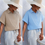 Women's Short-Sleeve Blouse with Waist Tie