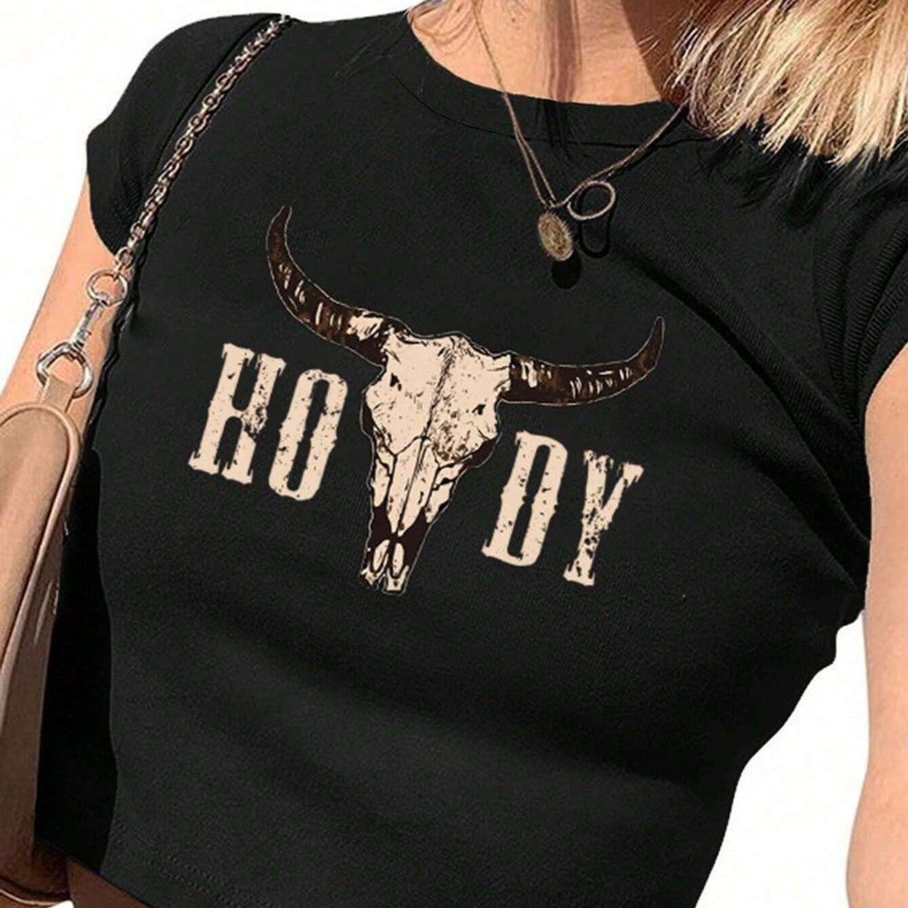 Women's Crop T-Shirt with Creative Cow Skull Design