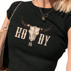 Women's Crop T-Shirt with Creative Cow Skull Design