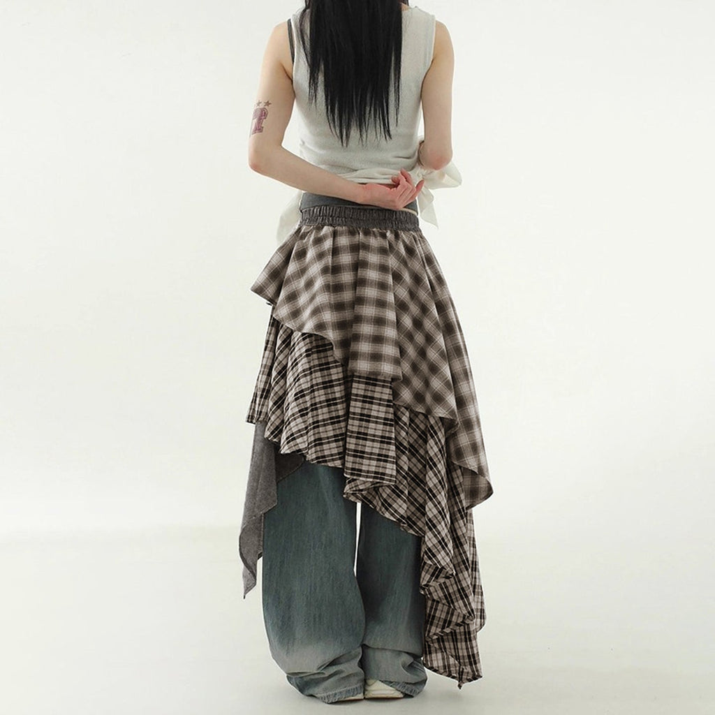 Women's Asymmetric Wrap Skirt with Plaid Pattern and Wide Tie Belt