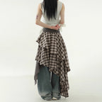 Women's Asymmetric Wrap Skirt with Plaid Pattern and Wide Tie Belt
