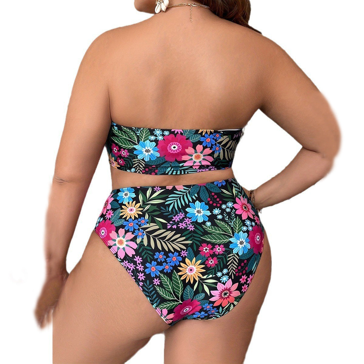 Women's Floral Bandeau Bikini with High-Waisted Bottoms