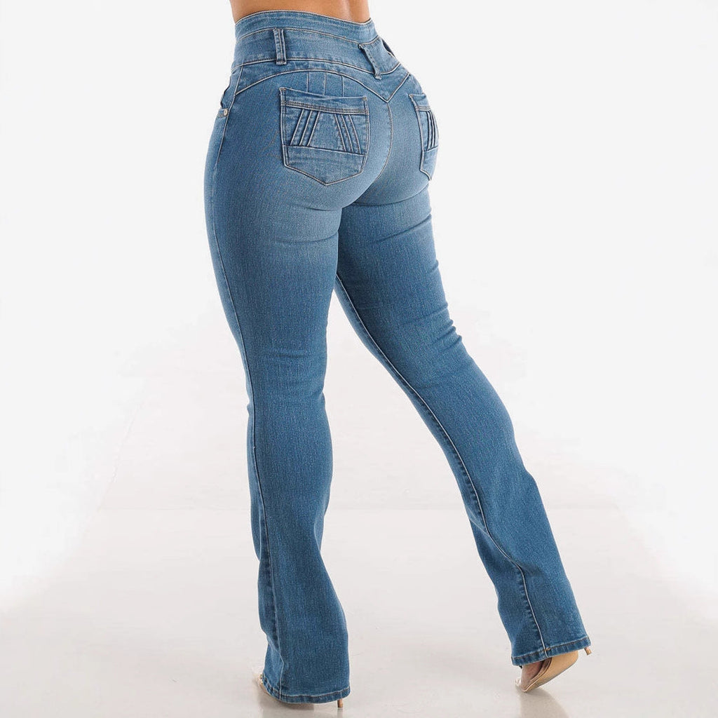 Women's High-Waist Bootcut Jeans with Decorative Button Details