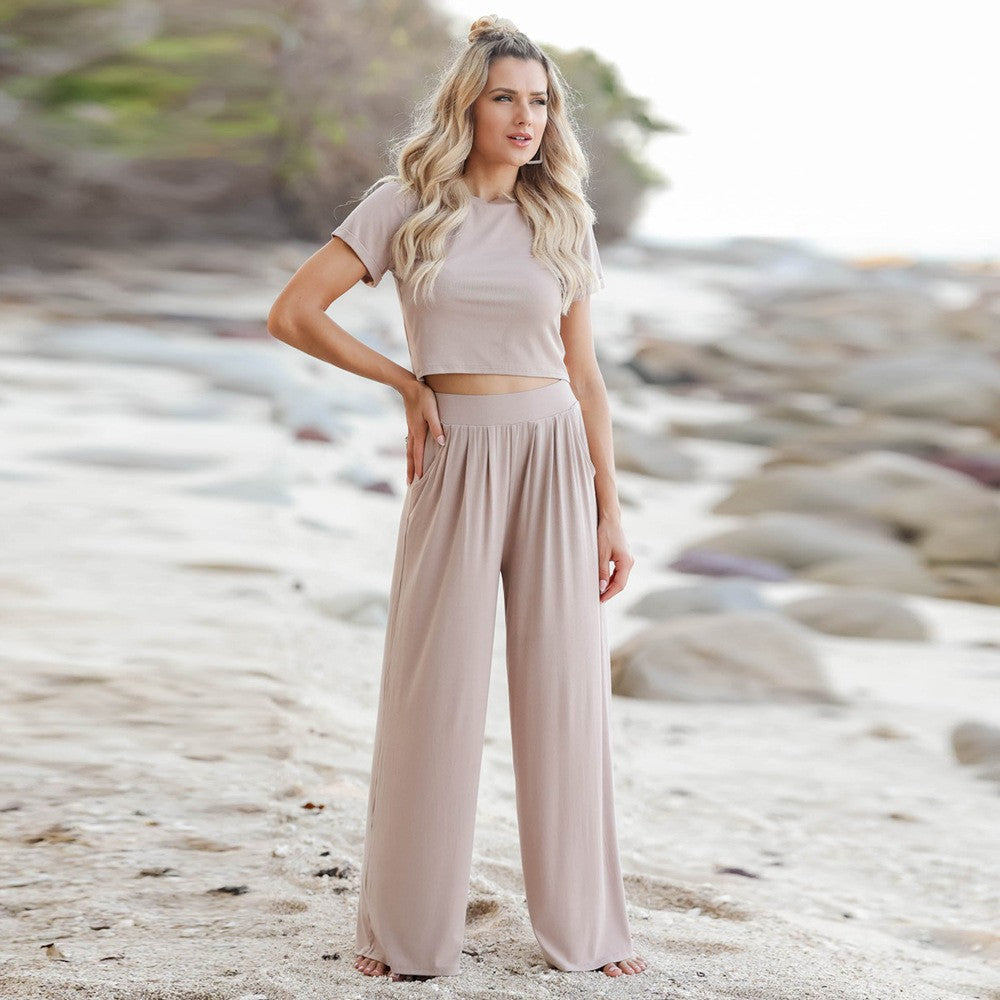 Women's Comfortable Cotton Crop Top and Wide-Leg Pants Set