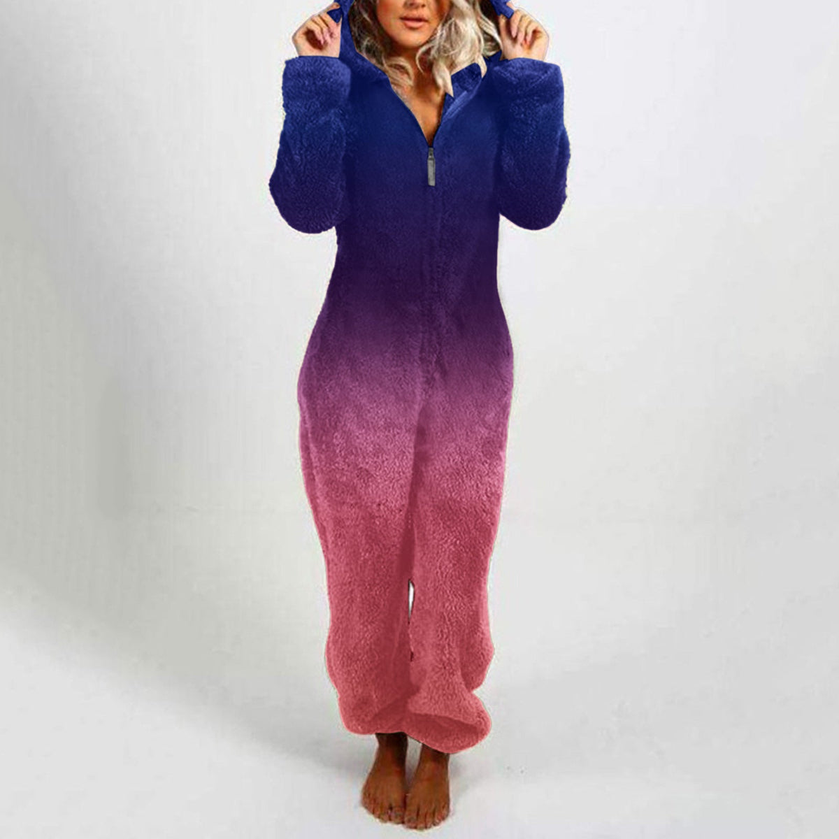 Women's Hooded Fleece Jumpsuit with Gradient Design