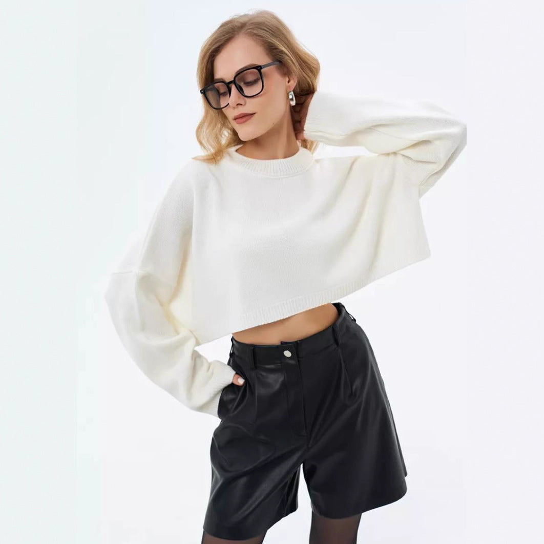 Women's Casual Oversized Crop Sweater with Wide Sleeves