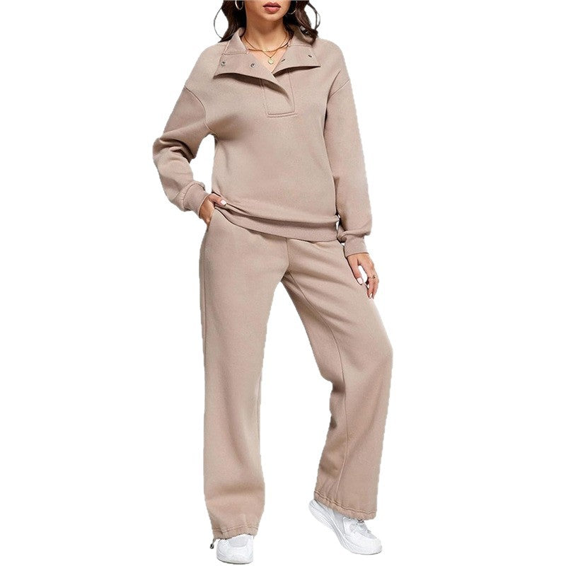 Women's Comfortable Lounge Set with Stand-Up Collar and Wide-Leg Pants