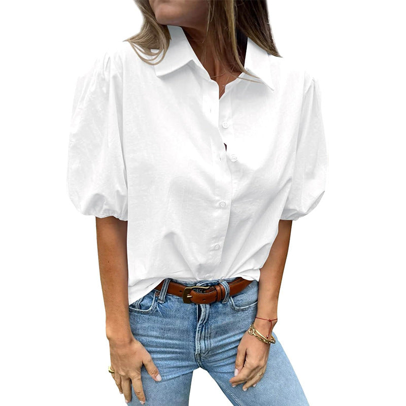 Women's Blouse with Puff Sleeves and Classic Collar