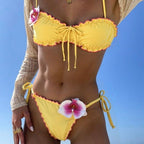 Women's Swimsuit with Decorative Ruffle Hem and Flower Appliqué