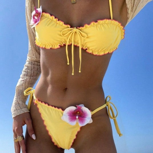 Women's Swimsuit with Decorative Ruffle Hem and Flower Appliqué