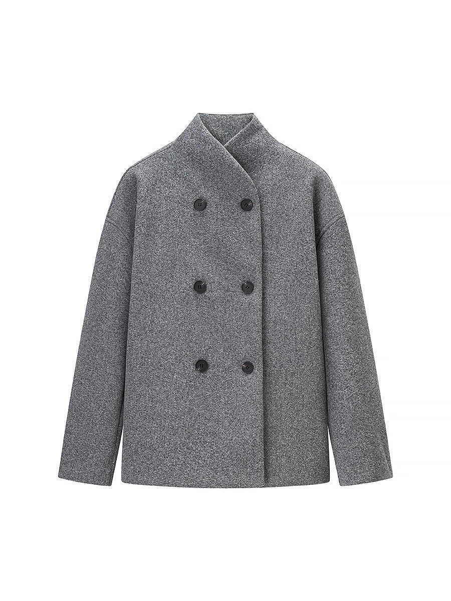 Elegant Women's Winter Jacket with Double-Breasted Button Front and Stand-Up Collar
