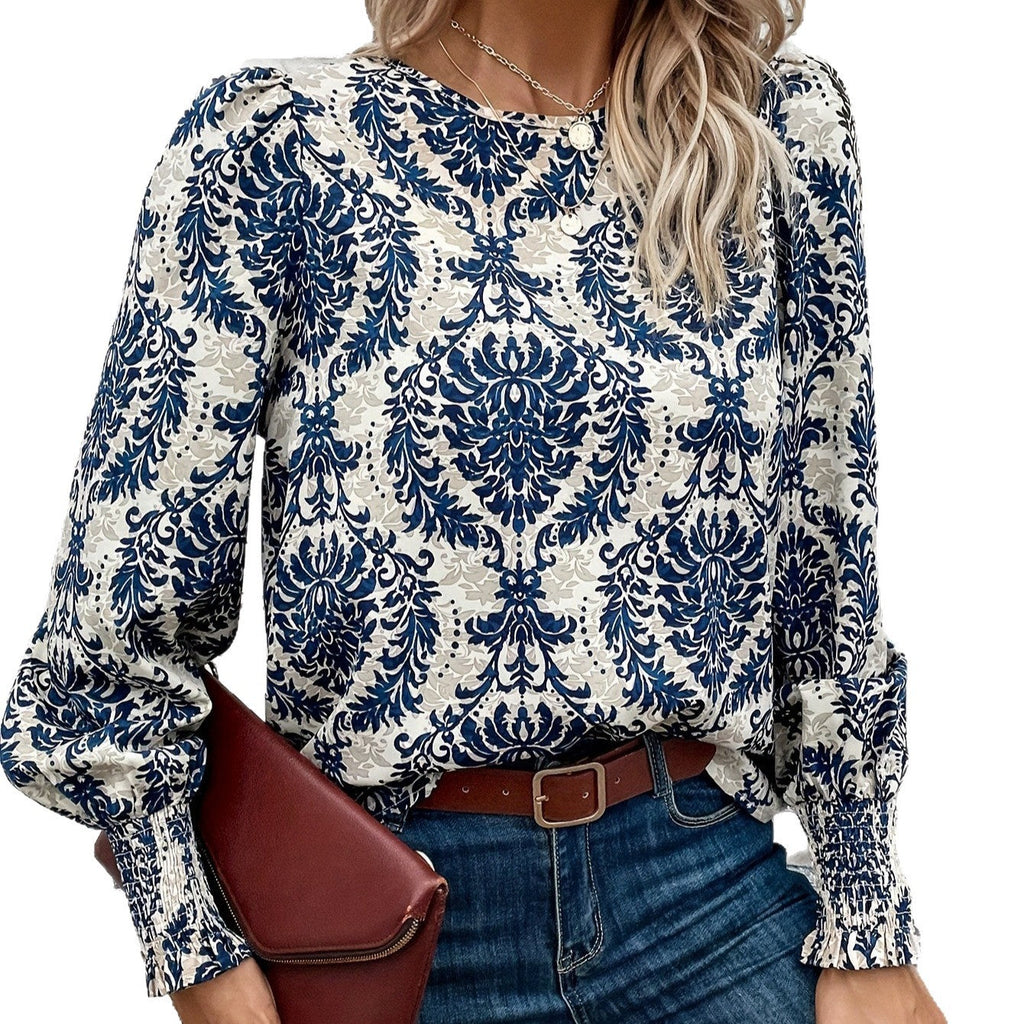 Women's Blouse with Floral Pattern and Puff Sleeves