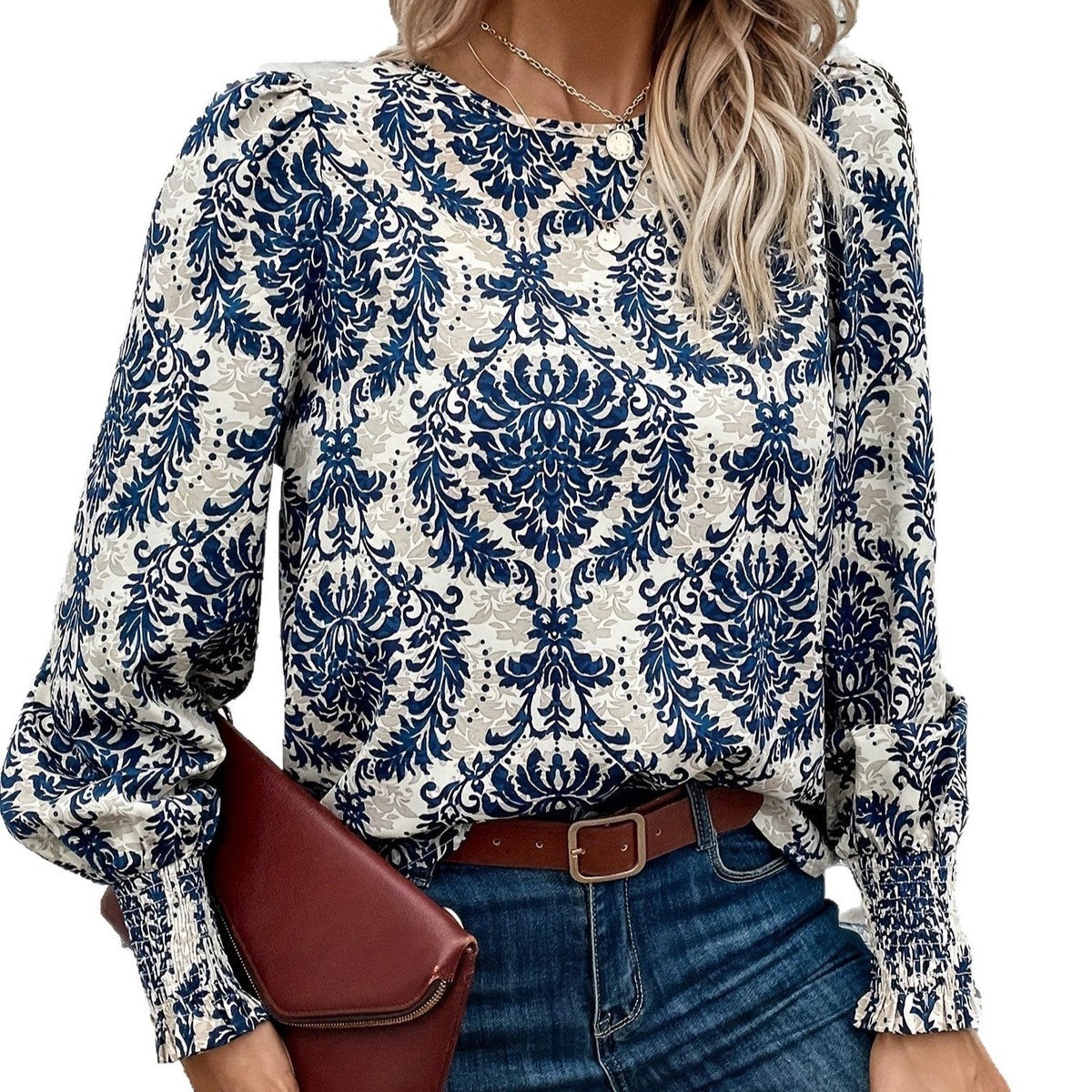 Women's Blouse with Floral Pattern and Puff Sleeves