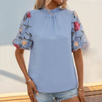 Women's Blouse with Floral Lace Sleeves