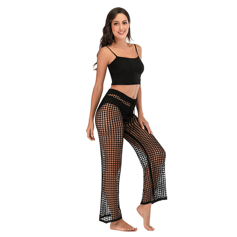 Women's High-Waist Crochet Beach Pants with Wide Leg