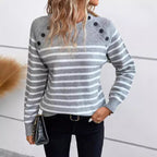 Women's Striped Sweater with Decorative Button Details and Round Neckline