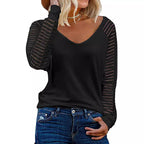 Women's Long-Sleeve V-Neck Shirt with Striped Sleeves