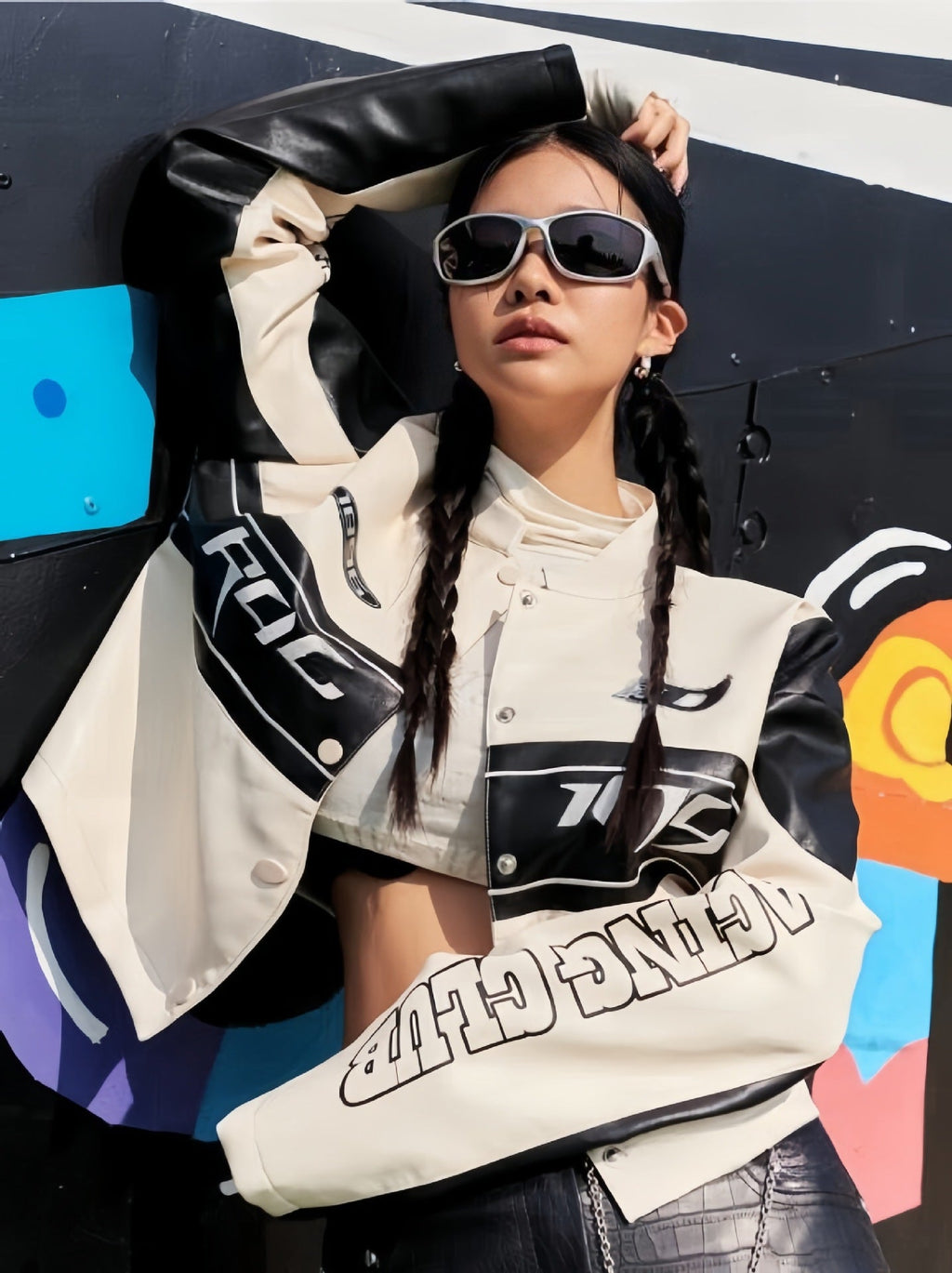 Women's Cropped Biker Jacket with Unique Graphic Details